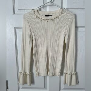 Chic Cream Knit Blouse with Pearl Details